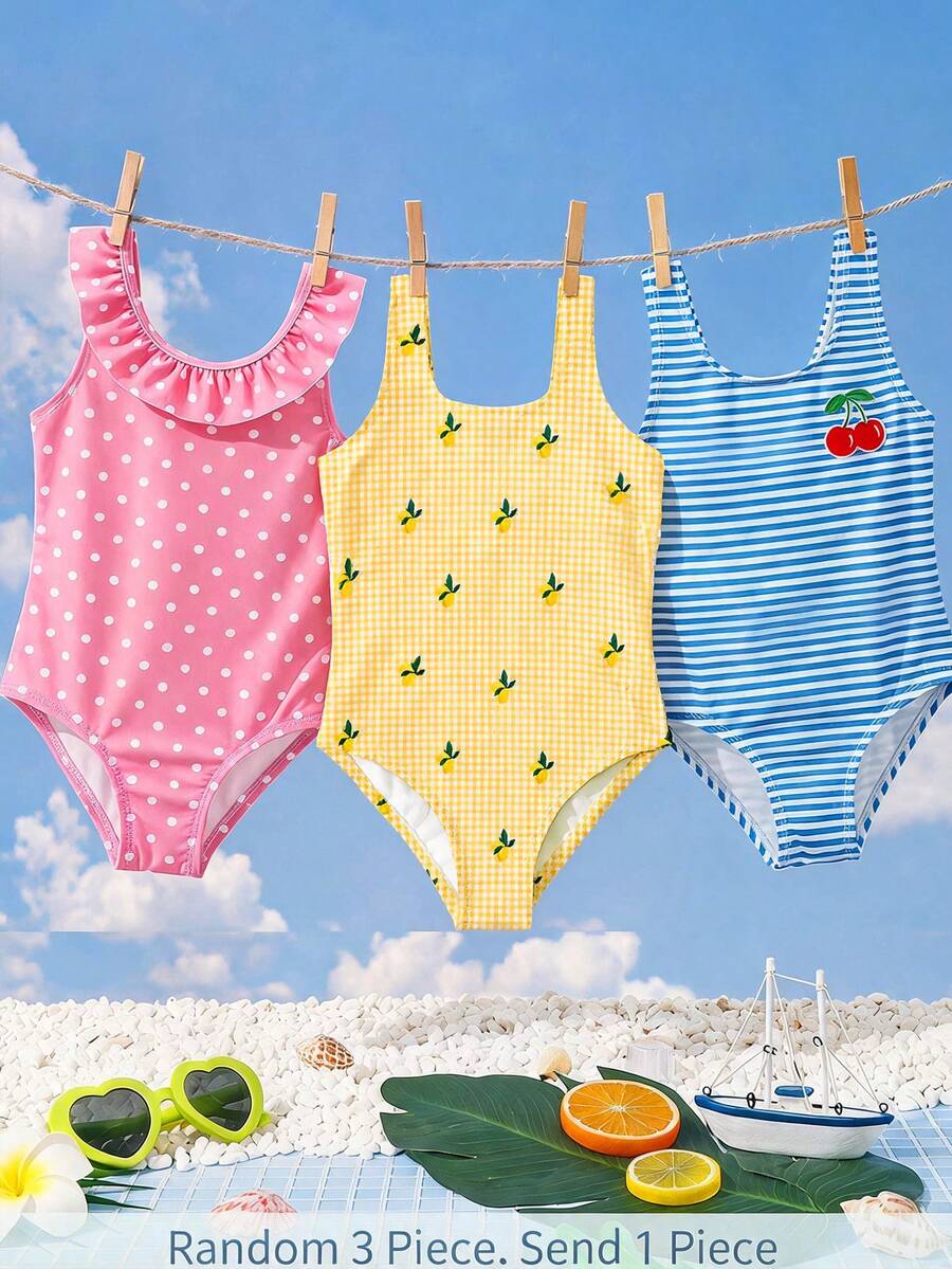Young Girls' Casual Cartoon Pattern One-Piece Swimsuit, Suitable For Summer - Multicolor - View 1