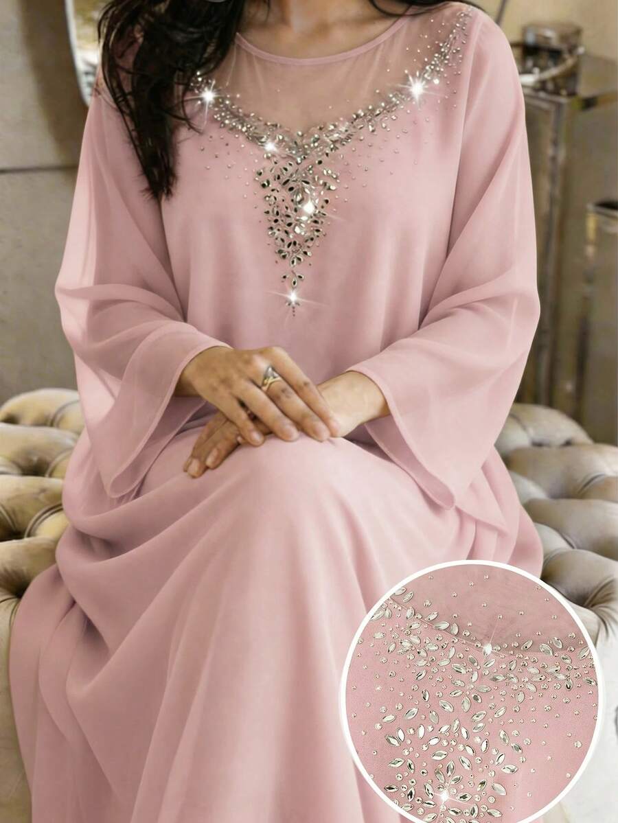 Al Najma 大尺碼女款水鑽裝飾長袖寬鬆阿拉伯風洋裝 - 粉色 - 查看 1