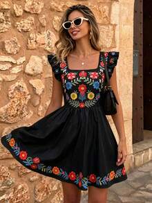SHEIN Clasi Women's Square Neck Short Dress Fashion Faux Embroidery Printed Ruffle Hem Design Summer Daily Commute Travel Vacation Black Floral Old Money - Black - View 1