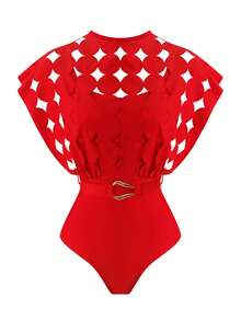 Swim Oasis Hollow Out Solid Color Round Neck Women's Belt Set Premium - Red - View 5