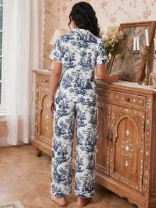 Modelyn Printed Lapel Short Sleeve & Long Pants Pajama Set - Blue - View 2