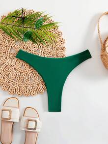Swim Basics Women's Solid Color V-Neck Bikini Bottom For Summer Beach Spring Green Holiday - Dark Green - View 4