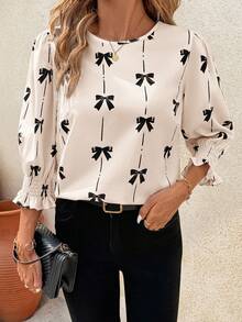 SHEIN Clasi Plus Size Women's Bow Pattern Round Neck 3/4 Sleeve Fashion Blouse - Apricot - View 3