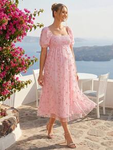 Loomaby Vestido elegante de maternidad con cuello cuadrado, decoración de flor 3D y manga corta - Rosa - Ver 8