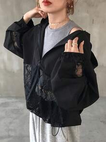 FRIFUL 夏季新款純色連帽拼接透視蕾絲面料休閒百搭輕便夾克 - 黑色 - 查看 1