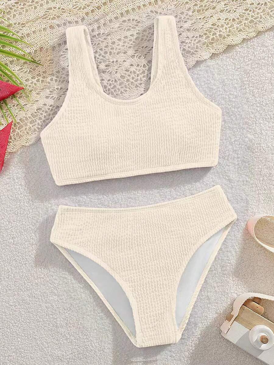 SHEIN Set Bikini untuk Remaja Putri, Set Baju Renang Modis dan Sopan dari Kain Rajut Bergelombang, Cocok untuk Liburan, Berenang, dan Pantai Musim Panas - Aprikot - View 1