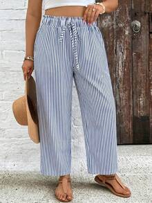SHEIN VCAY Celana Panjang Wanita Ukuran Besar Kasual untuk Liburan & Perjalanan, Motif Garis-garis, Ikat Pinggang, Longgar, dan Lebar untuk Musim Gugur - MultiWarna - View 4