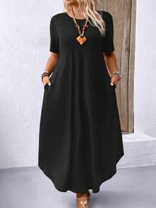 SHEIN LUNE CURVE Plus Size Round Neck Short Sleeve Solid Color Long Dress Maxi Women Outfit - Black - View 6
