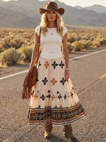 LanaWest Women's Summer Vintage Boho Floral Pattern West Casual Skirt Vacation Beige - Multicolor - View 4