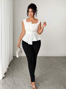 Elenzga Plus Size Women's Fashionable Solid Color Sleeveless Shirt - White - View 7