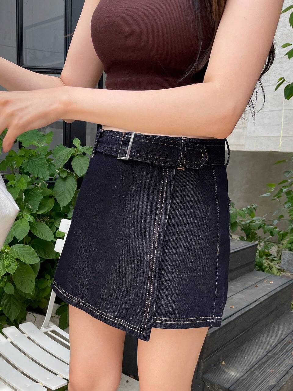 Women's Belted Split Wrap Urban Casual Denim Asymmetrical Skirt