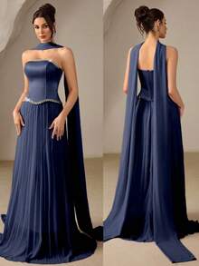 Coutiva Elegant Party Rhinestone Decorated Pleated Strapless Evening Gown - Navy Blue - View 9