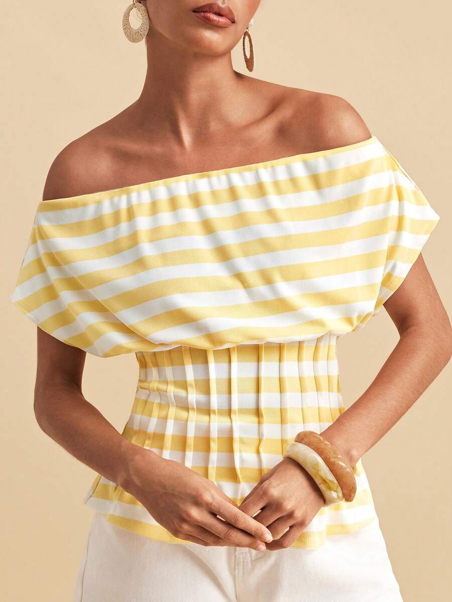 Travachic Pastel Yellow Off-Shoulder Waist-Cinching Women's T-Shirt Vacation Summer Sexy Tropical - Light Yellow - View 1