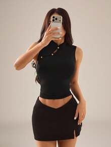 SHEIN PETITE 女士复古中国风旗袍领背心，黑色上衣，休闲套头衫，适合度假、休闲、优雅的女士上衣，日常通勤休闲上衣。黑色无袖高领上衣，黑色夏季上衣 - 黑色 - 查看 2