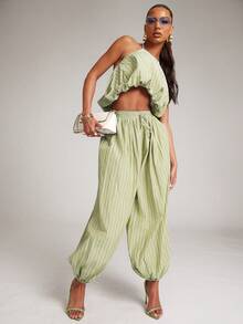 NYA SZN Matching Set Top & Pant Halter Top Balloon Hem Striped Barrel Leg Trouser Jogger Warm Weather Club Day Outfits For Women - Green - View 3