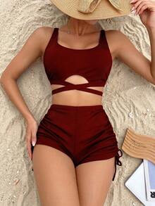 Swim Lushoire Conjunto de traje de baño de unicolor para mujer para vacaciones en la playa - Burdeos - Ver 1