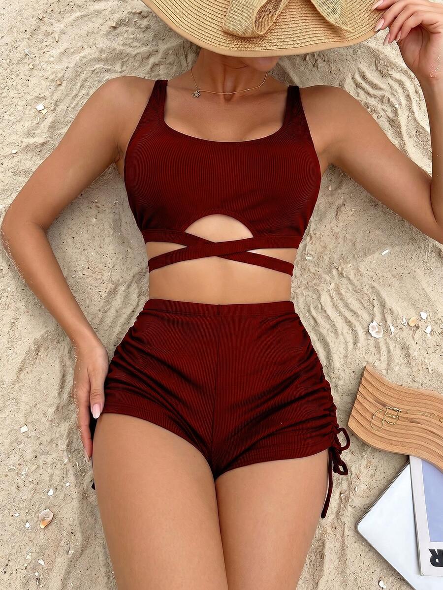 Swim Lushoire Conjunto de traje de baño de unicolor para mujer para vacaciones en la playa - Burdeos - Ver 1