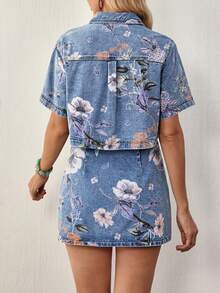Breezaya Women's Floral Print Short Sleeve Top And Denim Skirt Set - Blue - View 2