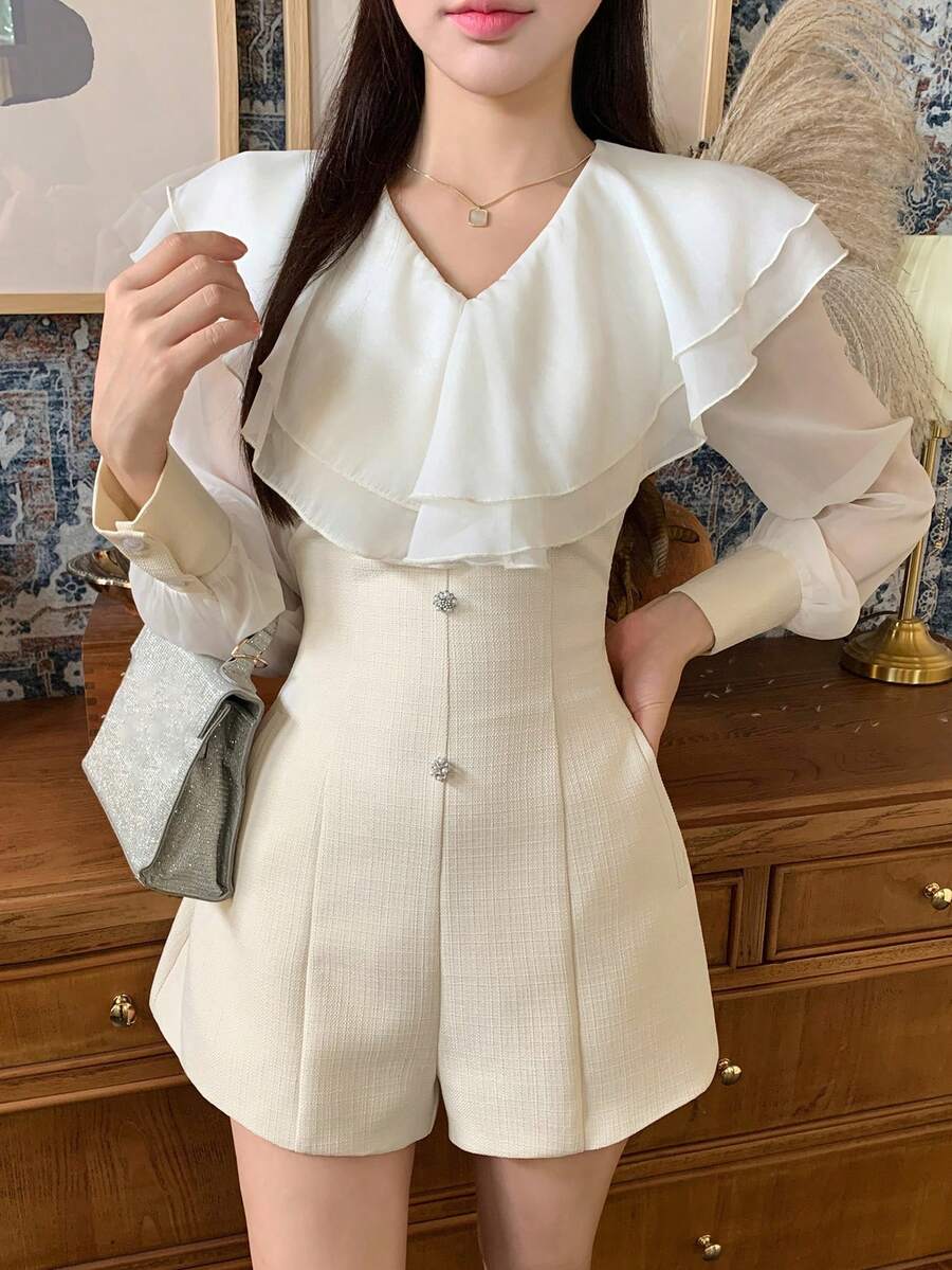 DAZY Spring Summer Elegant Ruffle Lantern Sleeve Design Unique Minimalist Women's Romper - Apricot - View 1