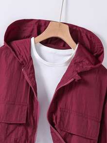 SHEIN Tween Girls Minimalist Solid Color Zipper Hooded Long Sleeve Jacket - Burgundy - View 6