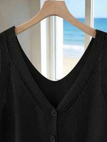 Franclia Women's Casual Minimalist Vintage Versatile Commuting Suitable For Beach Vacation Wear, V-Neck Sleeveless Button Plus Size Knit Top, Spring Summer - Black - View 4