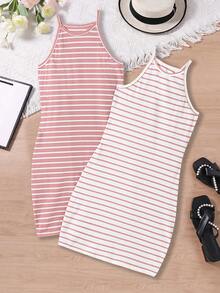 SHEIN Sparklyn Tween Girl' 条纹休闲无袖连衣裙套装 - 粉色 - 查看 6