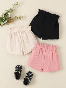 SHEIN Vintaside Kids 女嬰 3件/套 休閒極簡風夏季薄款短褲，親膚棉質皺褶面料高腰燈籠褲附蝴蝶結，寬鬆百搭外穿短褲 - 彩色 - 查看 2