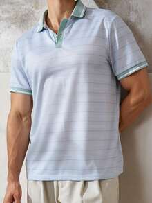 Airaco Men's Blue Striped Button Collar Polo Shirt Golf Summer Smart Casual - Multicolor - View 4