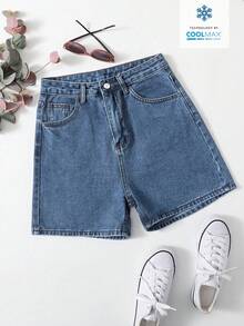 SHEIN Tall Celana Pendek Denim Wanita Kasual Gaya Y2K dengan Saku dan Kancing, Ukuran Wanita Tinggi - Biru - View 8