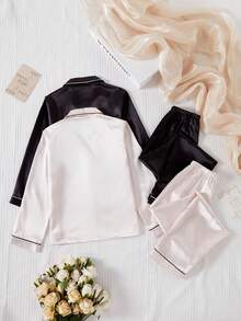 Girls' Solid Color Satin Long Sleeve Top And Long Pants 2 Pieces Loungewear Set, Spring/Autumn - Multicolor - View 2