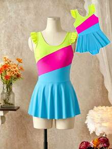 Traje de baño de una pieza con cuello redondo, mangas con volantes y bloques de color, adecuado para vacaciones en la playa, fiestas en la piscina y fiestas en la playa para niñas jóvenes - Multicolor - Ver 6