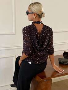 Livesso White With Black Polka Dots Loose Flowy Top For Women Office Autumn Elegant - Coffee Brown - View 5