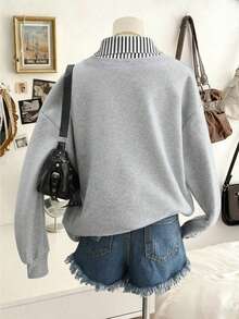 GlowEve 2025 Early Autumn New Fashionable Casual Versatile Design 2 In 1 Linen Striped Patchwork Lapel Collar Autumn Daily Wear Holiday Style Women's Sweatshirt - Grey - View 3