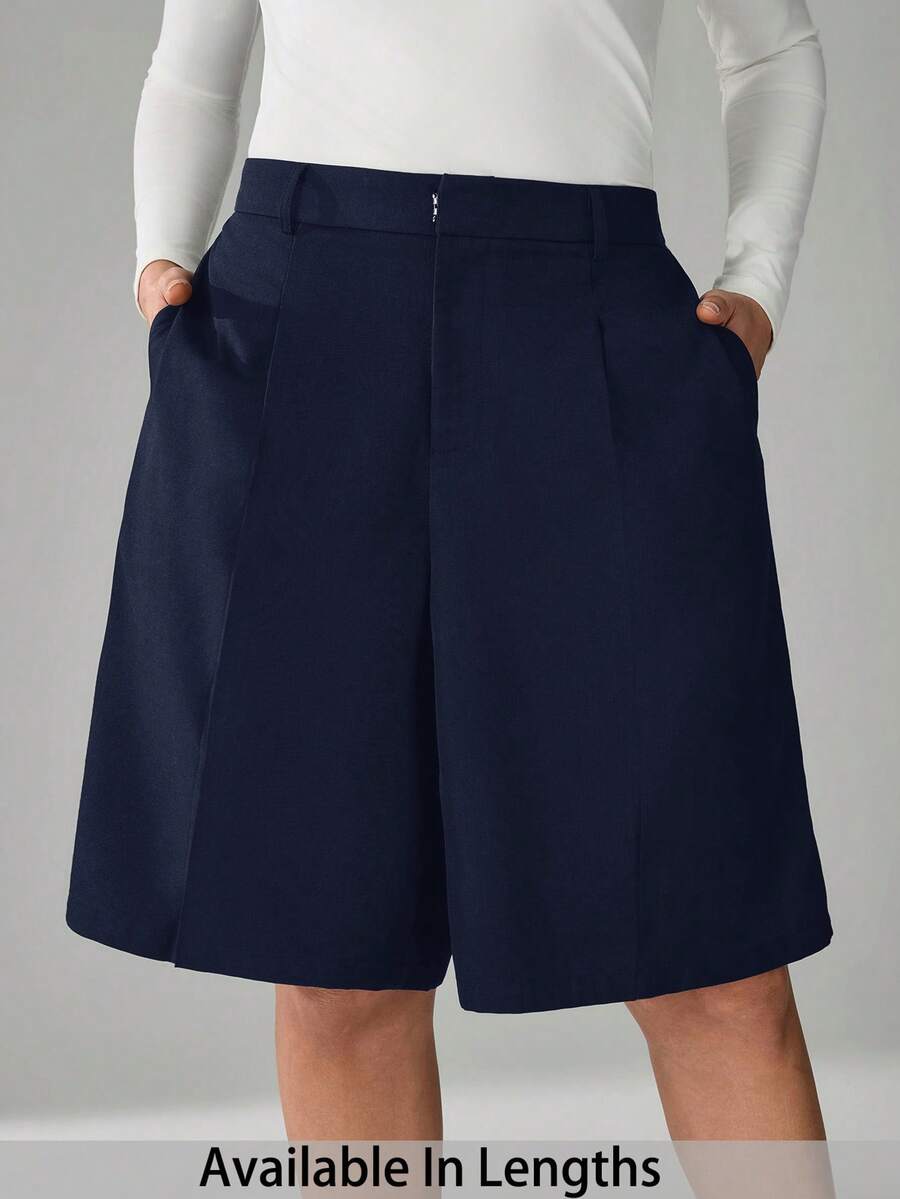 SHEIN Tall CURVE Pantalones cortos casuales de unicolor para tallas grandes en verano - Azul Marino - Ver 1