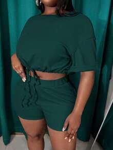 Slaydiva Slayr Plus Casual Solid Color Fitted Drawstring Split Women's Plus Size Two Pieces Outfits,Set,Summer,Two Pieces - Dark Green - View 5