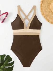 SHEIN Swim 女款度假風拼色時尚掛脖式一件式泳衣 - 彩色 - 查看 4
