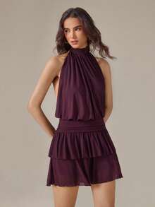 SHEIN Tall Women's Sexy Elegant Halter Neck Waist Knot Ruched Ruffle Double Layer Hem Mini Dress, Tall Women - Purple - View 7