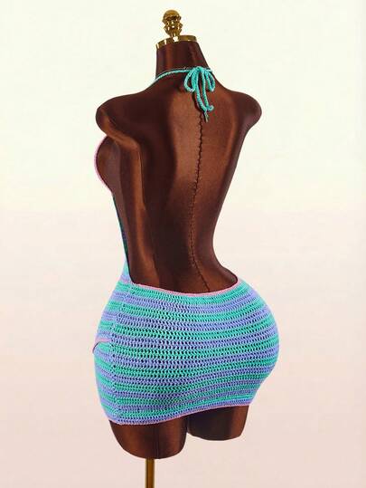 Amplova Women's Colorblock Sheer Lace-Up Sexy Halter Neck Knitted Dress