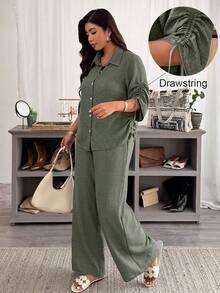Weeklong Camisa minimalista de talla grande para mujer con manga de cordón y lazo para primavera/verano, estilo commuter - Verde militar - Ver 1