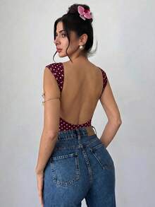 Firerie 女款圓點印花優雅浪漫時尚通勤性感優雅風連身衣，適合派對、度假、返校、浪漫約會及婚禮生日穿搭 - 酒紅色 - 查看 4