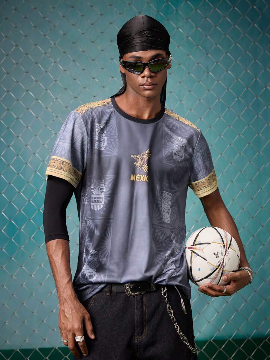 Mexican Style Men's Soccer Jersey, Eagle Graphic Round Neck, Comfortable & Breathable, Suitable For Casual Wear During Matches And Training - Multicolor - View 1