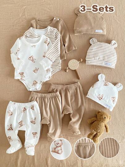 Newborn Sweet Bear Cotton Loungewear 6-Piece Set,Cute Brown And White Polka Dot Autumn Family Matching Long Sleeve Footed Romper Bodysuit Pants Hat