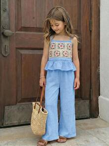 Emery Rose Kids Emery Rose Kids 少女花卉刺繡細肩帶背心上衣與長褲套裝 - 藍色 - 查看 4