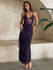 Aloruh Women's Spring/Summer Vacation Butterfly Net Mesh Printed Halter Lace Patchwork Super Long Slit Ruffle Hem Dress - Purple - View 6