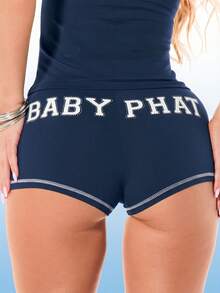 BABYPHAT Jersey Mid-Rise Boy Shorts With Logo Print And Contrast Stitching Detail, World Cup 2026 Sporty Chic Game Day Football Blokecore Streetwear Jersey - Navy Blue - View 8