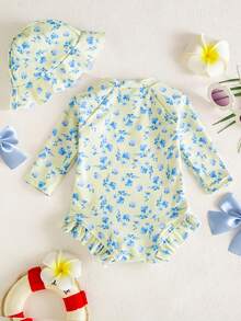 SHEIN Newborn Small Floral Print One-Piece Swimsuit - Mustard Yellow - View 2