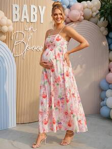 Loomaby Pregnant Women Summer Elegant Floral Print Spaghetti Strap Dress,Gender Reveal Dress,Maternity Dress,Baby Shower Dress - Red - View 7