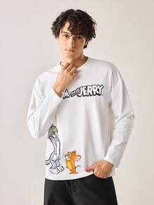 Strevion TOM & JERRY 男士休闲百搭汤姆和杰瑞元素印花长袖T恤，适合春秋季穿着 - 白色 - 查看 3