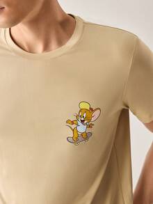 Strevion TOM & JERRY 男士极简主义杰瑞滑板图案印花圆领短袖T恤，夏季 - 卡其色 - 查看 4