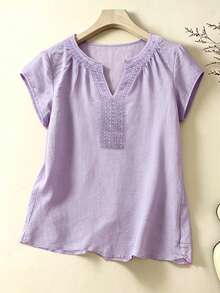 Linhara CURVE Plus-Size Women's Spring/Summer Fashion: Casual, Simple, And Versatile Retro Purple Solid-Color Pleated Design With Lace Trim Women's Shirt-Perfect For Spring And Summer Outfits - Purple - View 6